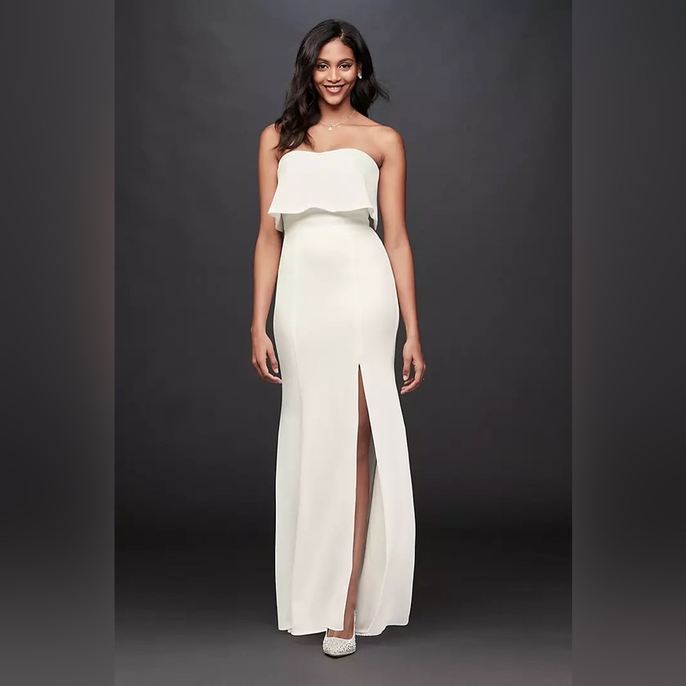 David's Bridal Cream Strapless Gown with Slit